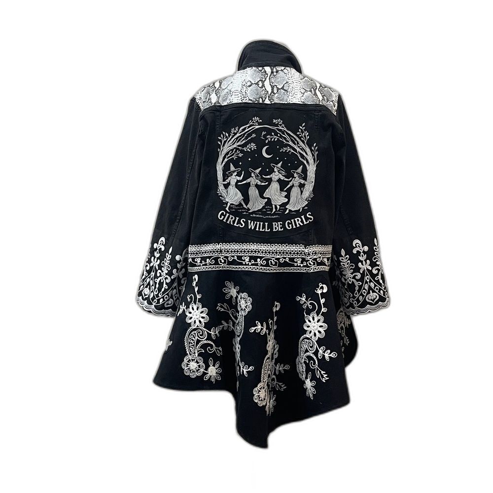 Upcycled Black Denim Jacket with Peplum & Floral Whitework Embroidery. Size M-L